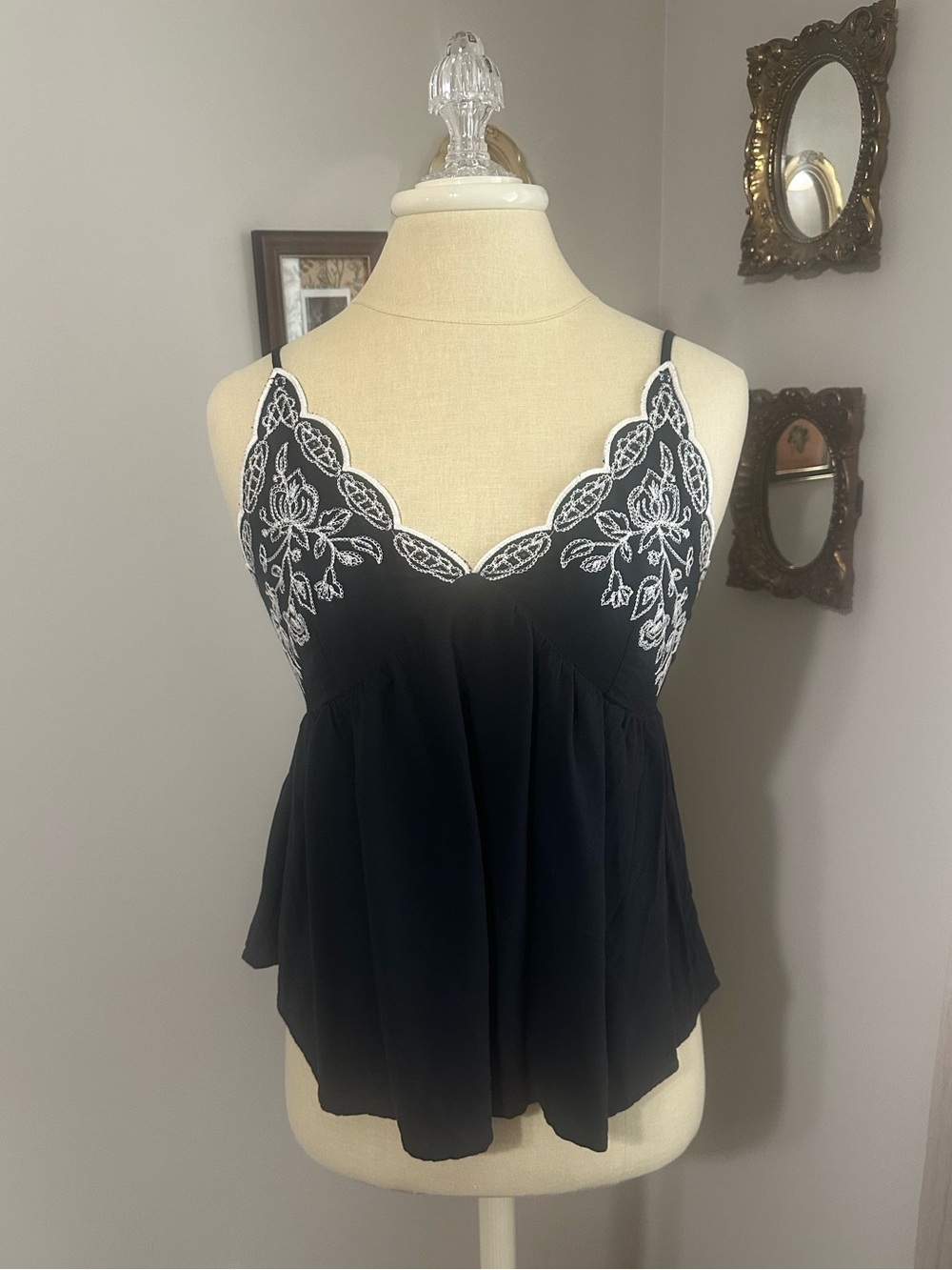 love on a hanger Black Cami with White Floral Lace Trim